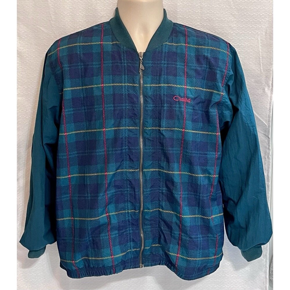 VTG 80s Catalina Bomber Varsity Windbreaker Plaid Jacket Mens S Green Blue Golf